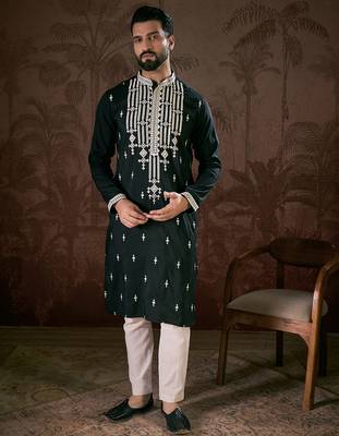 Men black silk blend solid embroidered straight kurta with trouser 2