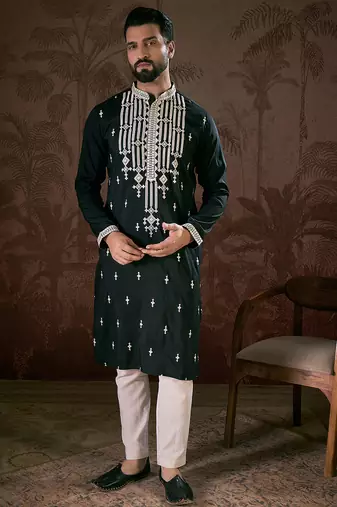 Men black silk blend solid embroidered straight kurta with trouser