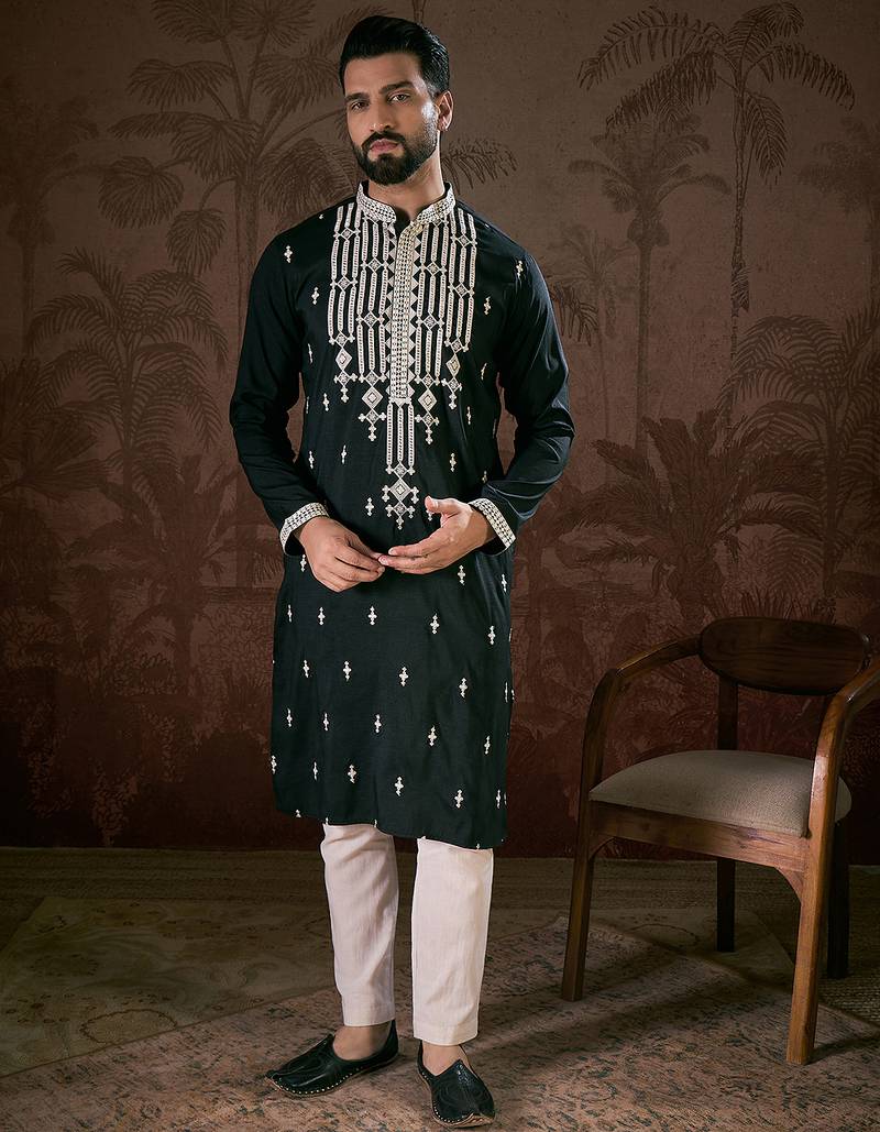 Men black silk blend solid embroidered straight kurta with trouser