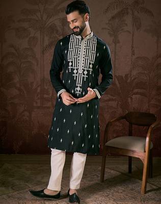 Men black silk blend solid embroidered straight kurta with trouser 3