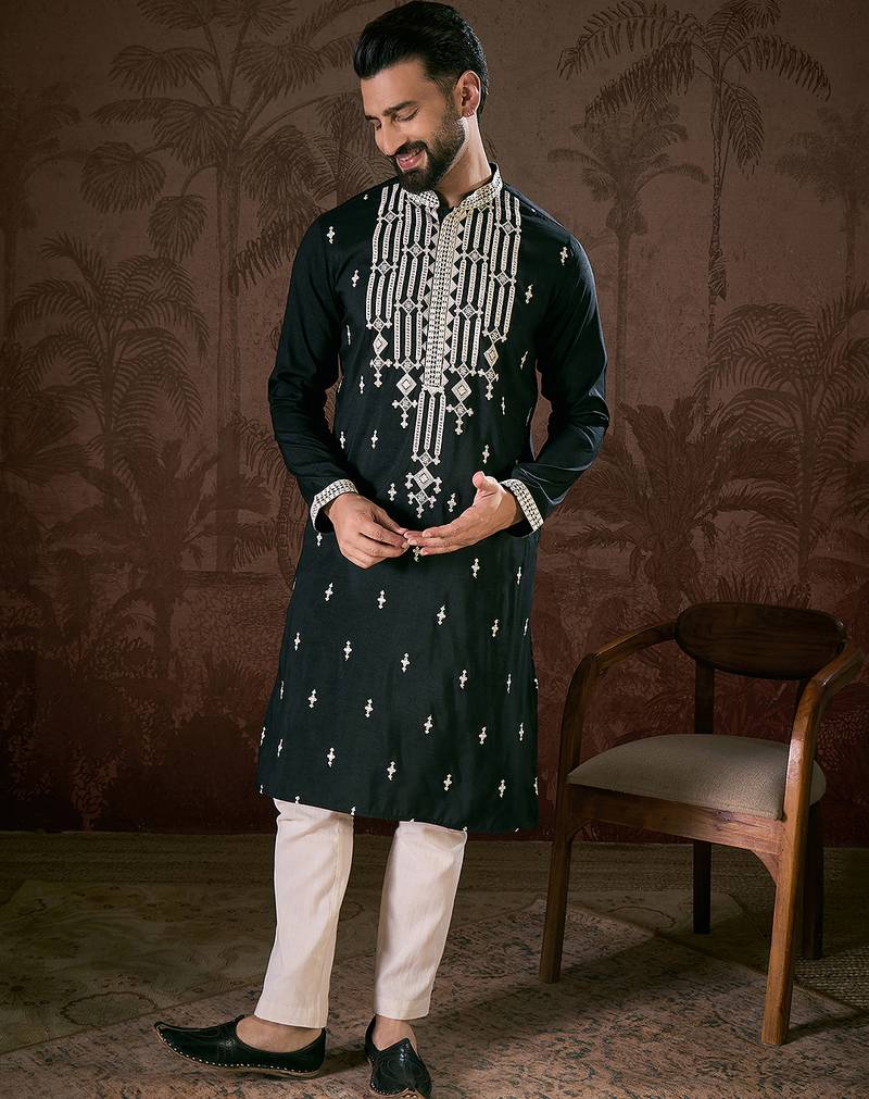 Men black silk blend solid embroidered straight kurta with trouser