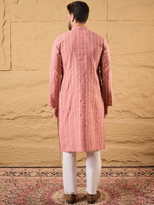Men pink silk blend solid embroidered straight kurta 4