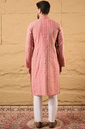 Men pink silk blend solid embroidered straight kurta