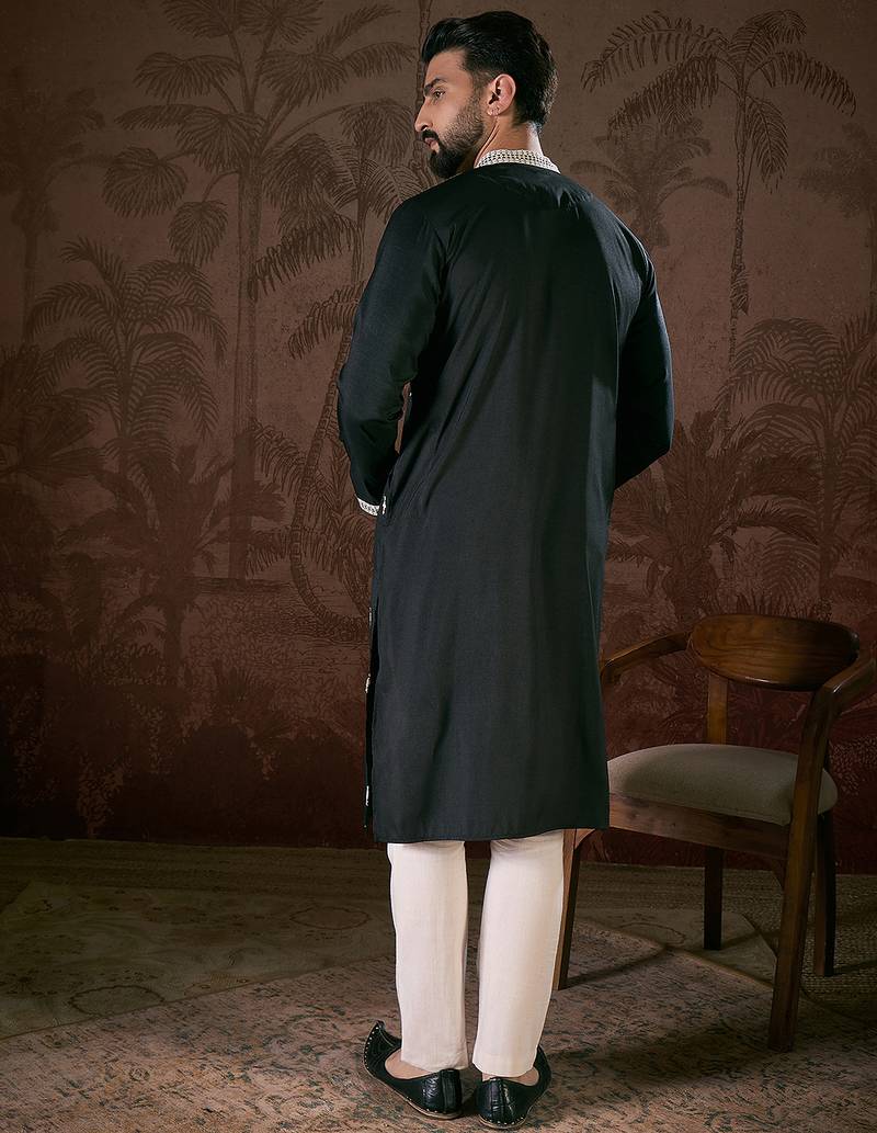 Men black silk blend solid embroidered straight kurta with trouser
