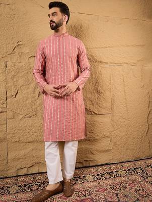 Men pink silk blend solid embroidered straight kurta 5