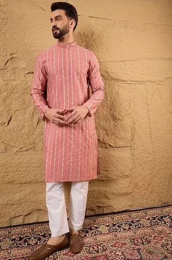 Men pink silk blend solid embroidered straight kurta