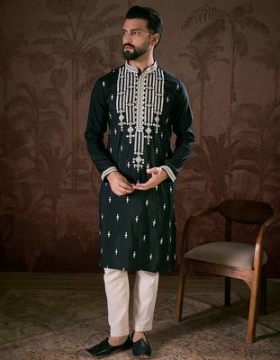 Men black silk blend solid embroidered straight kurta with trouser 5