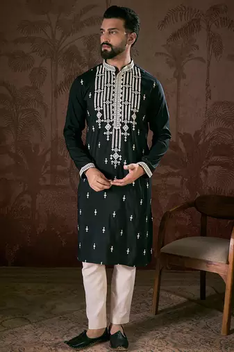 Men black silk blend solid embroidered straight kurta with trouser