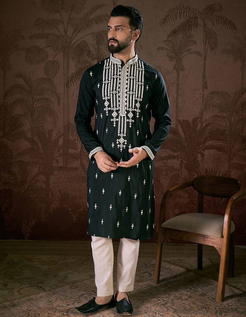 Men black silk blend solid embroidered straight kurta with trouser