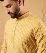 Men yellow silk blend solid embroidered straight kurta