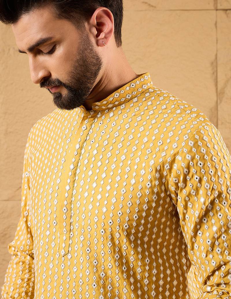 Men yellow silk blend solid embroidered straight kurta