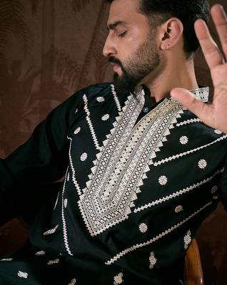 Men black silk blend solid embroidered straight kurta with trouser 1