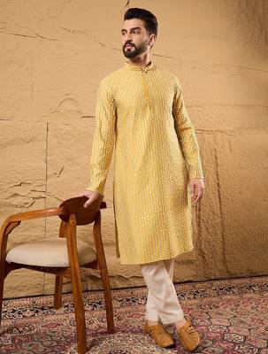Men yellow silk blend solid embroidered straight kurta 1