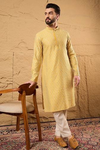 Men yellow silk blend solid embroidered straight kurta