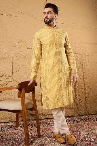 Men yellow silk blend solid embroidered straight kurta