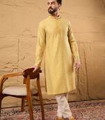 Men yellow silk blend solid embroidered straight kurta