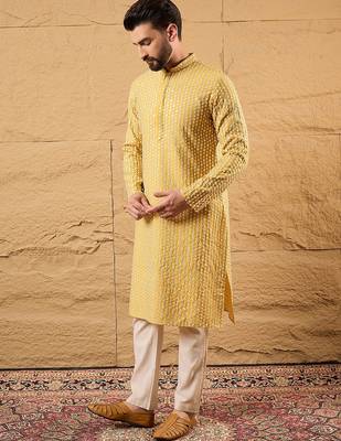 Men yellow silk blend solid embroidered straight kurta 3