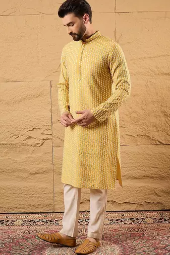 Men yellow silk blend solid embroidered straight kurta