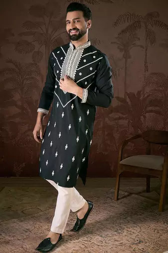 Men black silk blend solid embroidered straight kurta with trouser