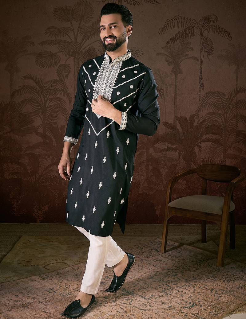 Men black silk blend solid embroidered straight kurta with trouser