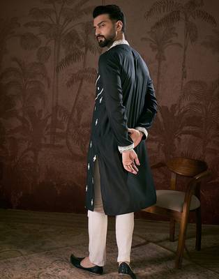 Men black silk blend solid embroidered straight kurta with trouser 4