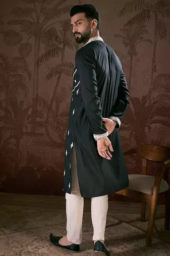 Men black silk blend solid embroidered straight kurta with trouser