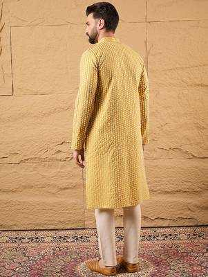 Men yellow silk blend solid embroidered straight kurta 4