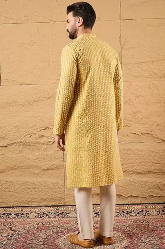 Men yellow silk blend solid embroidered straight kurta