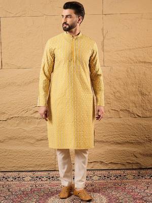 Men yellow silk blend solid embroidered straight kurta 5
