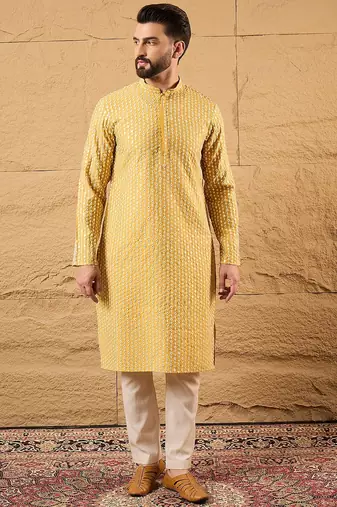 Men yellow silk blend solid embroidered straight kurta