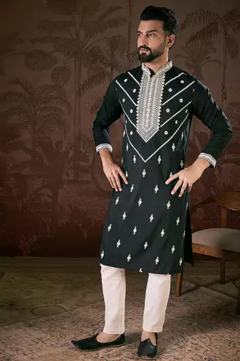 Men black silk blend solid embroidered straight kurta with trouser