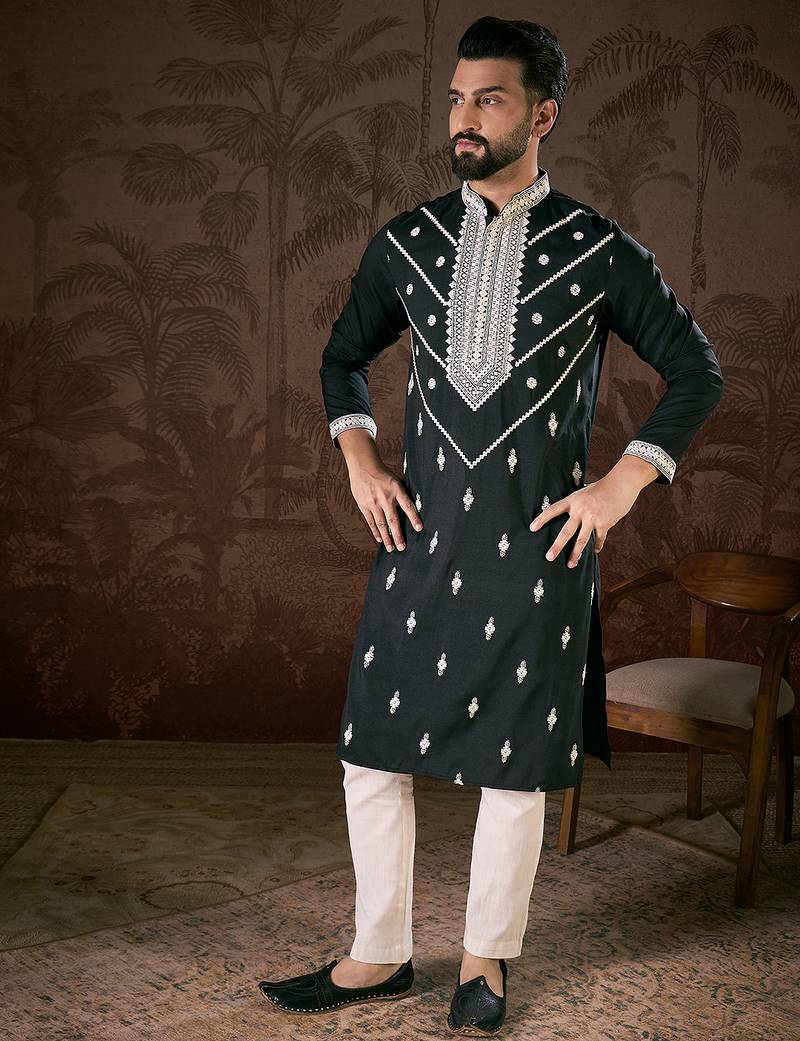 Men black silk blend solid embroidered straight kurta with trouser