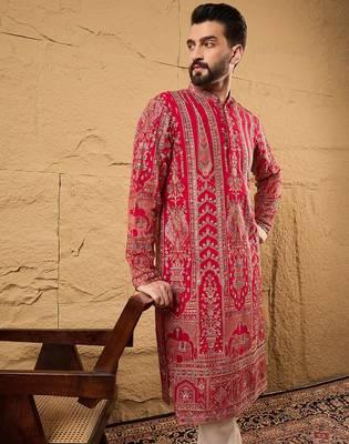Men pink georgette solid embroidered straight kurta 1