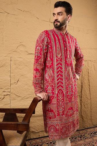 Men pink georgette solid embroidered straight kurta