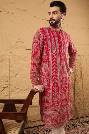 Men pink georgette solid embroidered straight kurta