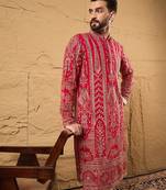 Men pink georgette solid embroidered straight kurta