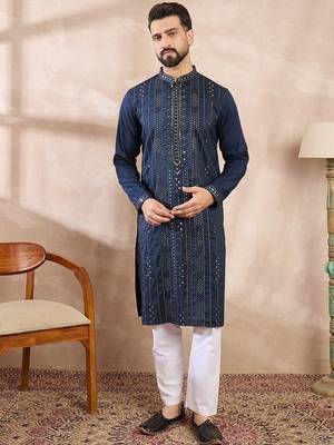 Men blue silk blend geometric embroidered straight kurta with trouser 2