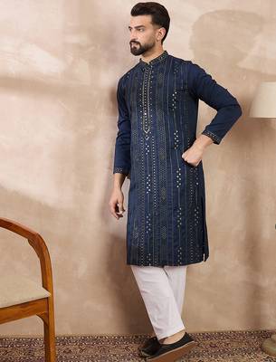 Men blue silk blend geometric embroidered straight kurta with trouser 3