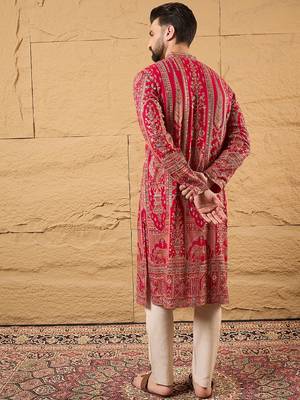 Men pink georgette solid embroidered straight kurta 4