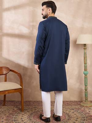 Men blue silk blend geometric embroidered straight kurta with trouser 4