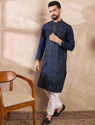 Men blue silk blend geometric embroidered straight kurta with trouser 5