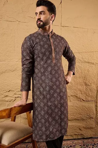 Mens brown viscose rayon ethnic motifs embroidered chikankari straight kurta