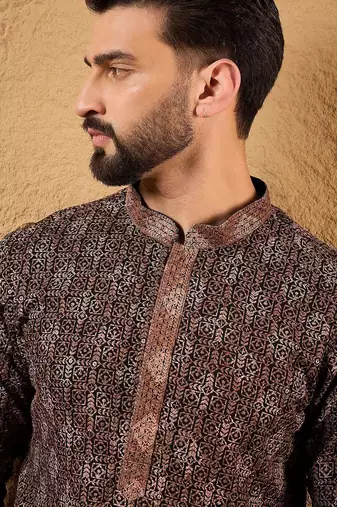 Mens brown viscose rayon ethnic motifs embroidered chikankari straight kurta
