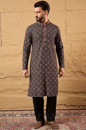 Mens brown viscose rayon ethnic motifs embroidered chikankari straight kurta