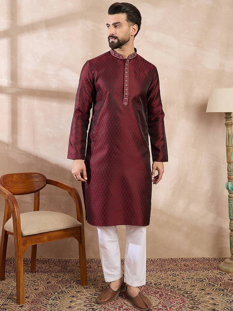 Men maroon silk blend solid woven design straight kurta with trouser