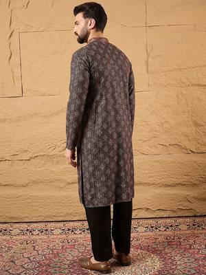 Mens brown viscose rayon ethnic motifs embroidered chikankari straight kurta 4