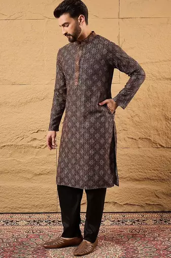 Mens brown viscose rayon ethnic motifs embroidered chikankari straight kurta