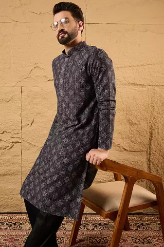 Men black viscose rayon ethnic motifs embroidered straight kurta