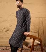 Men black viscose rayon ethnic motifs embroidered straight kurta