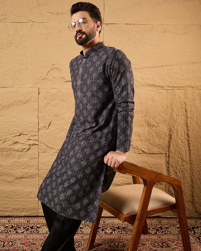 Men black viscose rayon ethnic motifs embroidered straight kurta